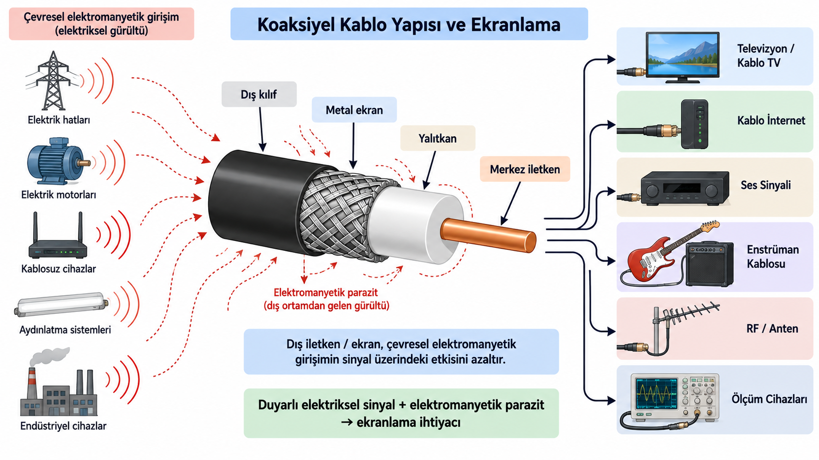 Koaksiyel kablonun merkez iletken, yalıtkan, metal ekran ve dış kılıf katmanları ile elektromanyetik girişime karşı ekranlama düşüncesi