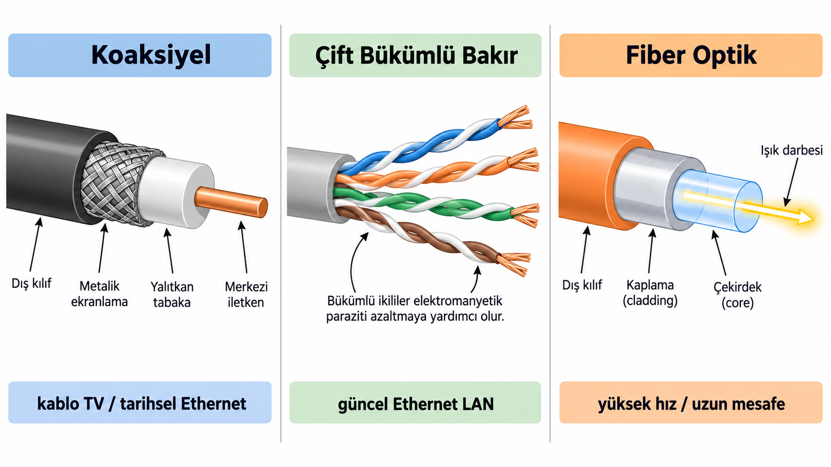 Koaksiyel, çift bükümlü bakır ve fiber optik kabloların katmanları ve yaygın kullanım alanları